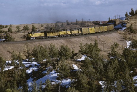 Union Pacific Railroad locomotive no. 758 hauls eastbound freight at Sherman, Wyoming, on March 28, 1971. Photograph by William Botkin, BOTKINW-19-WT-49 © 1971, William Botkin.