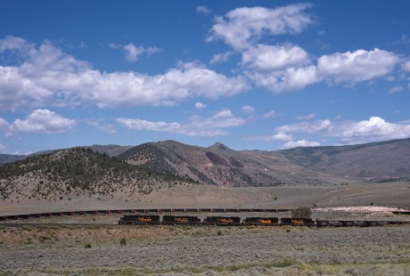 Denver and Rio Grande Western Railroad diesel locomotive no. 5503 hauls westbound coal train no. 701 at Crater, Colorado on September 4, 1986. Photograph by William Botkin, BOTKINW-8-WT-1069 © 1986, William Botkin.