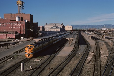Denver and Rio Grande Western Railroad locomotive no. 5771 leads Rio Grande Zephyr no. 17 at Denver, Colorado, in May, 1975. Photograph by William Botkin, BOTKINW-8-WT-221 © 1975, William Botkin.