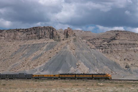 Denver and Rio Grande Western Railroad locomotive no. 5771 leads Rio Grande Zephyr no. 18 near Floy, Utah, on July 21, 1974. Photograph by William Botkin, BOTKINW-8-WT-63 © 1974, William Botkin.