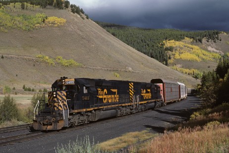 Denver and Rio Grande Western Railroad diesel locomotive nos. 5403 and 5411 haul westbound freight train no. 179 at Pando, Colorado, on September 18, 1986. Photograph by William Botkin, BOTKINW-8-WT-1092 © 1986, William Botkin.