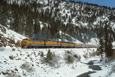 Denver and Rio Grande Western Railroad diesel locomotive no. 5771 leads the westbound Ski Train east of Tolland, Colorado, on March 24, 1984. Photograph by William Botkin, BOTKINW-8-WT-945 © 1984, William Botkin.