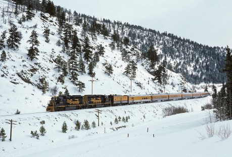 Denver and Rio Grande Western Railroad diesel locomotive no. 3126 leads the westbound Ski Train east of Tolland, Colorado, on March 26, 1983. Photograph by William Botkin, BOTKINW-8-WT-804 © 1983, William Botkin.