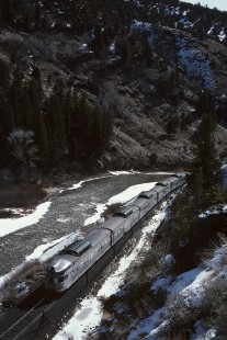 Denver and Rio Grande Western Railroad Silver Sky on the Rio Grande Zephyr no. 17 observation at State Bridge, Colorado, on February 21, 1983. Photograph by William Botkin, BOTKINW-8-WT-784 © 1983, William Botkin.