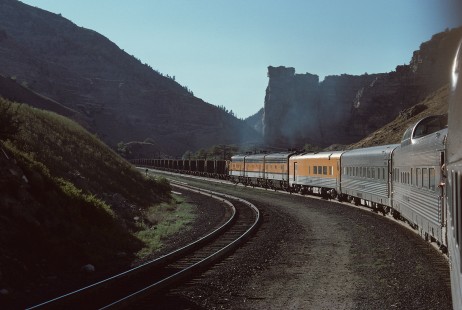 Denver and Rio Grande Western Railroad Rio Grande Zephyr no. 17 at Castle Gate, Utah, in June, 1976. Photograph by William Botkin, BOTKINW-8-WT-394 © 1976, William Botkin.