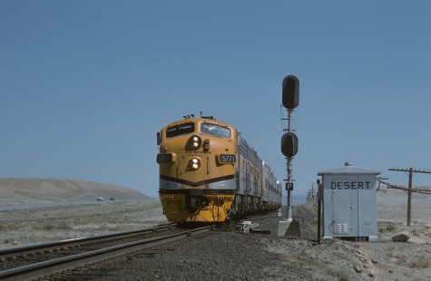Denver and Rio Grande Western Railroad locomotive no. 5771 leads Rio Grande Zephyr no. 18 at Desert, Utah, on June 15, 1975. Photograph by William Botkin, BOTKINW-8-WT-307 © 1975, William Botkin.