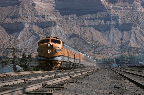 Denver and Rio Grande Western Railroad locomotive no. 5771 leads Rio Grande Zephyr no. 18 at Helper, Utah, on July 21, 1974. Photograph by William Botkin, BOTKINW-8-WT-59 © 1974, William Botkin.