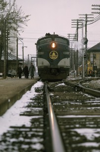 Baltimore & Ohio Railroad locomotive no. 1438 leads Cincinnatian no. 54 at Deshler, Ohio, in November, 1969. Photograph by William Botkin, BOTKINW-2-WT-35 © 1969, William Botkin.