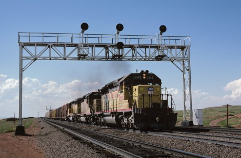 Union Pacific Railroad locomotive no. 3643 hauls eastbound freight at 4:25 pm at Hermosa, Wyoming, on June 7, 1986. Photograph by William Botkin, BOTKINW-19-WT-421 © 1986, William Botkin.