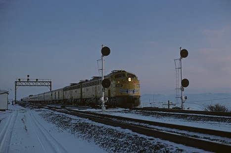 Union Pacific Railroad locomotive no. 960 leads an eastbound National Railway Historical Society excursion train at Hermosa, Wyoming, on February 25, 1975. Photograph by William Botkin, BOTKINW-19-WT-149 © 1975, William Botkin.