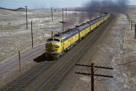 Union Pacific Railroad locomotive no. 951 leads westbound combined City of Los Angeles, City of San Francisco, and Challenger train no. 103 at Borie, Wyoming, on March 28, 1971. Photograph by William Botkin, BOTKINW-19-WT-60 © 1971, William Botkin.