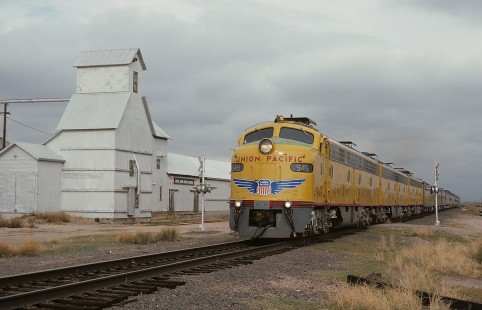 Union Pacific Railroad locomotive no. 949 leads eastbound National Railway Historical Society excursion at Deer Trail, Colorado, at 10:15 am, on October 1, 1994. Photograph by William Botkin, BOTKINW-19-WT-551 © 1994, William Botkin.