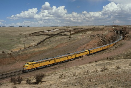 Union Pacific E9 diesel locomotives nos. 949, 963, and 951 lead westbound David Goodheart charter train at Hermosa, Wyoming, on April 23, 1994. Photograph by William Botkin, BOTKINW-19-WT-543 © 1994, William Botkin.