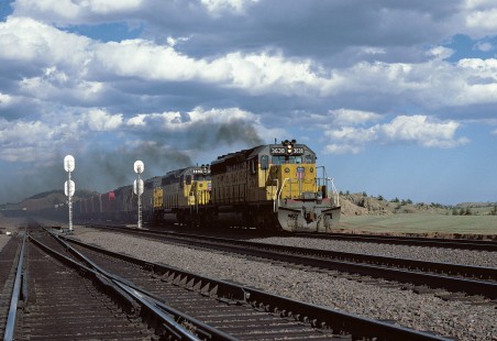 Union Pacific Railroad locomotive no. 3638 hauls westbound freight at Dale Junction, Wyoming, on May 26, 1984. Photograph by William Botkin, BOTKINW-19-WT-322 © 1984, William Botkin.