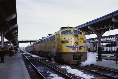Union Pacific Railroad locomotive no. 938 leads eastbound City of Kansas City no. 10 at Cheyenne, Wyoming, on March 25, 1971. Photograph by William Botkin, BOTKINW-19-WT-18 © 1971, William Botkin.