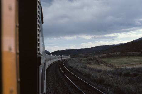 Denver and Rio Grande Western Railroad Silver Sky on the Rio Grande Zephyr no. 18 west of Granby, Colorado, on May 13, 1979. Photograph by William Botkin, BOTKINW-8-WT-598 © 1979, William Botkin.