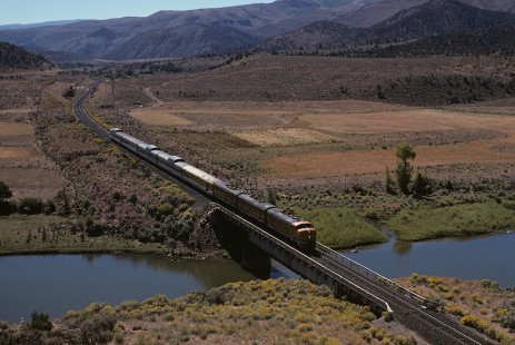 Denver and Rio Grande Western Railroad locomotive no. 5771 leads Rio Grande Zephyr no. 17 west of Bond, Colorado, on September 7, 1974. Photograph by William Botkin, BOTKINW-8-WT-181 © 1974, William Botkin.