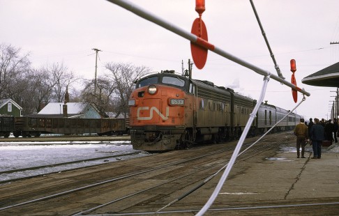 Canadian National Railway locomotive no. 6533 leads westbound Maple Leaf no. 159 at Durand, Michigan, on January 19, 1969. Photograph by William Botkin, BOTKINW-6-WT-59 © 1969, William Botkin.