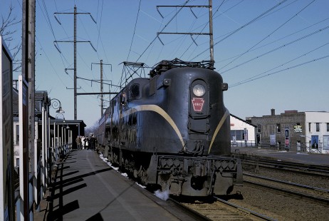 Pennsylvania Railroad locomotive no. 4887 leads a southbound passenger train at Elizabeth, New Jersey, in March, 1967. Photograph by William Botkin, BOTKINW-10-WT-39 © 1967, William Botkin.