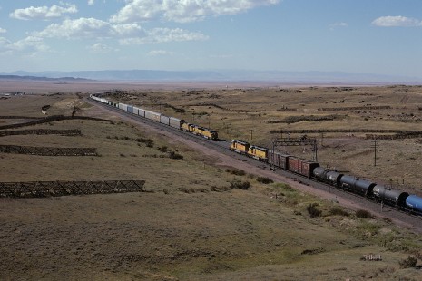 Union Pacific Railroad locomotive no. 6628 hauling freight meets westbound freight train at Hermosa, Wyoming, at 3:05 pm, on September 21, 1991. Photograph by William Botkin, BOTKINW-19-WT-505 © 1991, William Botkin.
