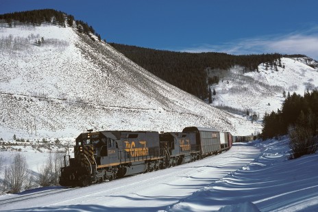 Denver and Rio Grande Western Railroad diesel locomotive no. 5348 leads westbound freight train no. 179 at Pando, Colorado, on January 17, 1985. Photograph by William Botkin, BOTKINW-8-WT-984 © 1985, William Botkin.