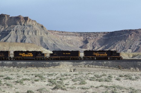 Denver and Rio Grande Western Railroad diesel locomotive no. 5338 hauls eastbound freight train no. 154 at Floy-Thompson, Utah, on April 2, 1983. Photograph by William Botkin, BOTKINW-8-WT-827 © 1983, William Botkin.