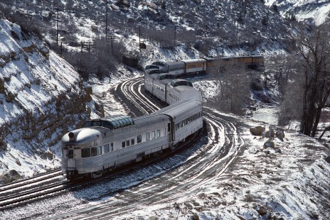 Denver and Rio Grande Western Railroad Silver Sky on the Rio Grande Zephyr no. 18 observation at Kyune, Utah, on April 7, 1983. Photograph by William Botkin, BOTKINW-8-WT-815 © 1983, William Botkin.