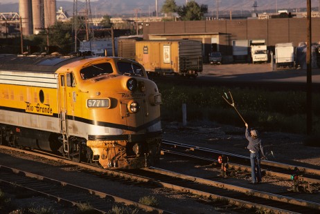 Denver and Rio Grande Western Railroad locomotive no. 5771 leads Rio Grande Zephyr no. 17 at Utah Junction in Denver, Colorado, on September 7, 1974. Photograph by William Botkin, BOTKINW-8-WT-173 © 1974, William Botkin.