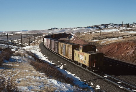 A going-way shot of Union Pacific Railroad westbound freight with at Sherman, Wyoming, at 1:50 pm on December 6, 1984. Photograph by William Botkin, BOTKINW-19-WT-347 © 1984, William Botkin.
