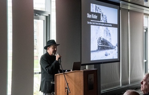 Elrond Lawrence presented an overview of recent collection acquisitions, including a preview of Stan Kistler's black and white Santa Fe material and his western railroad color photography. (Scott Lothes photo)