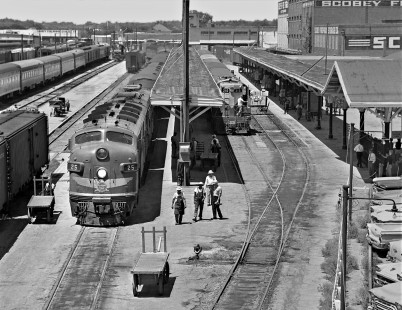 Missouri Pacific Railroad's <i>Texas Eagle</i> passenger train has arrived in San Antonio, Texas, as connection to Laredo prepares to depart in July 1966. Photograph by J. Parker Lamb, © 2016, Center for Railroad Photography and Art. Lamb-02-059-05