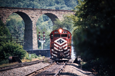 Northbound Delaware and Hudson Railway freight train with Lehigh Valley Railroad power passing under Starrucca Viaduct at Lanesboro, Pennsylvania, on July 22, 1975. Photograph by John F. Bjorklund, © 2016, Center for Railroad Photography and Art. Bjorklund-82-20-01