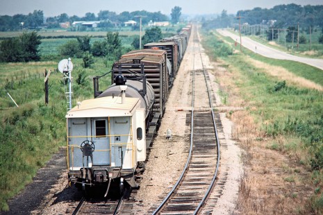 Northbound Kansas City Southern Railway freight train near Asbury, Missouri, on July 24, 1977. Photograph by John F. Bjorklund, © 2016, Center for Railroad Photography and Art. Bjorklund-61-28-03