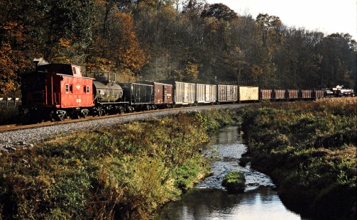 Southbound Ohio Central Railroad freight train with former Grand Trunk Western steam locomotive no. 6325 at Baltic, Ohio, on October 18, 2003. Photograph by John F. Bjorklund, © 2016, Center for Railroad Photography and Art. Bjorklund-78-14-09