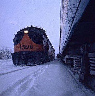 Alaska Railroad EMD F7A locomotive no. 1506 and mate running around their train on a snowy day, c. 1968. Photograph by Leo King, © 2015, Center for Railroad Photography and Art. King-02-034-001