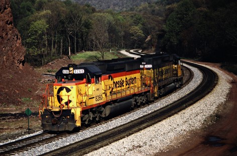 Eastbound CSX Transportation helper locomotives on Sand Patch Grade in Fairhope, Pennsylvania, on May 13, 1988. Photograph by John F. Bjorklund, © 2015, Center for Railroad Photography and Art. Bjorklund-35-29-05