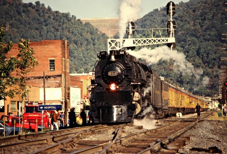 Westbound Chesapeake and Ohio Railway passenger excursion train led by steam locomotive no. 614 at Montgomery, West Virginia, on October 13, 1980. Photograph by John F. Bjorklund, © 2015, Center for Railroad Photography and Art. Bjorklund-34-26-02