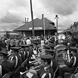 Musicians at the station in Nenana, Alaska, for the 50th anniversary ceremony of the Alaska Railroad's golden spike on July 15, 1973. Photograph by Leo King, © 2015, Center for Railroad Photography and Art. King-03-011-011