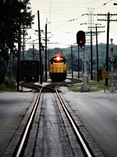 Eastbound South Shore Line GP38-2s locomotives at Michigan City, Indiana, on September 5, 1981. Photograph by John F. Bjorklund, © 2015, Center for Railroad Photography and Art. Bjorklund-42-12-15