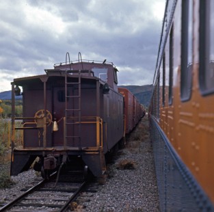 Alaska Railroad passenger train passing a freight train, c. 1968. Photograph by Leo King, © 2015, Center for Railroad Photography and Art. King-02-014-004