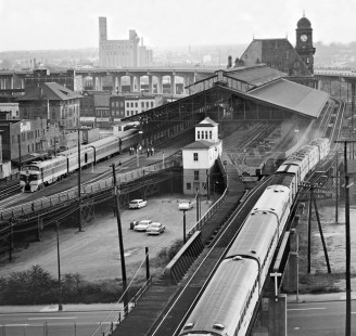 Seaboard Air Line's southbound <i>Silver Star</i> passenger train (right) passes an eastbound Chesapeake & Ohio local at Richmond, Virginia's Main Street Station in October 1962. Photograph by J. Parker Lamb, © 2016, Center for Railroad Photography and Art. Lamb-01-075-05