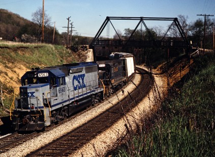 Westbound CSX Transportation freight train near Keystone, Pennsylvania, on May 12, 1988. Photograph by John F. Bjorklund, © 2015, Center for Railroad Photography and Art. Bjorklund-35-29-21