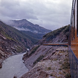 Southbound Alaska Railroad passenger train along the Nenana River between Healy, Alaska, and Denali National Park, c. 1968. Photograph by Leo King, © 2015, Center for Railroad Photography and Art. King-02-014-010