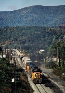 Eastbound Chesapeake and Ohio Railway freight train in Alderson, West Virginia, on October 13, 1980-10-13; Photograph by John F. Bjorklund, © 2015, Center for Railroad Photography and Art. Bjorklund-34-25-01