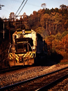 Southbound Clinchfield Railroad freight train near St. Paul, Virginia, on October 15, 1980. Photograph by John F. Bjorklund, © 2015, Center for Railroad Photography and Art. Bjorklund-41-20-16