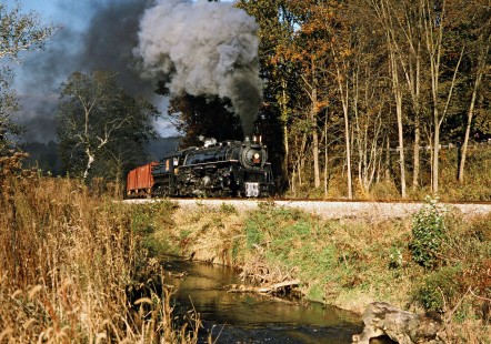 Southbound Ohio Central Railroad freight train with former Grand Trunk Western steam locomotive no. 6325 at Baltic, Ohio, on October 18, 2003. Photograph by John F. Bjorklund, © 2016, Center for Railroad Photography and Art. Bjorklund-78-14-12