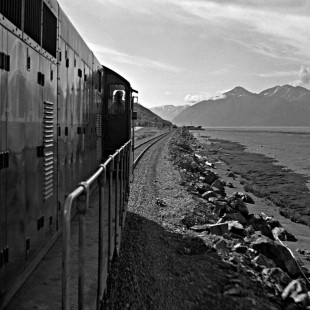 Looking out from the Alaska Railroad's Whittier Shuttle train, c. 1973. Photograph by Leo King, © 2015, Center for Railroad Photography and Art. King-03-016-004