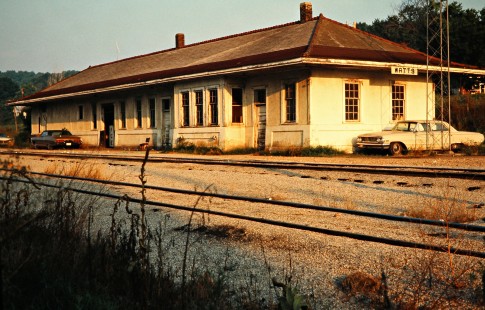 Kansas City Southern Railway station at Watts, Oklahoma, on July 17, 1977. Photograph by John F. Bjorklund, © 2016, Center for Railroad Photography and Art. Bjorklund-61-05-01