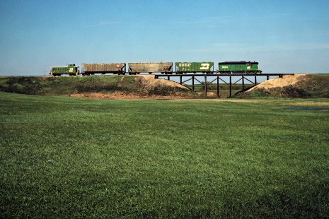 Eastbound Burlington Northern Railroad near Jud, North Dakota, on May 16, 1978. Photograph by John F. Bjorklund, © 2015, Center for Railroad Photography and Art. Bjorklund-09-25-23