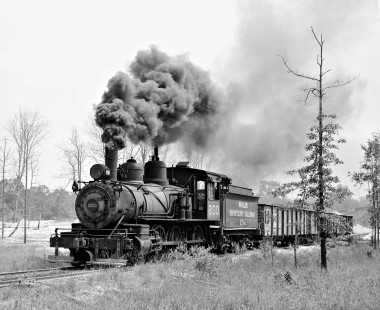 Antique Texas and Pacific Railway 4-6-0 steam locomotive (built 1889) works sand quarry on Willis Shortline Railroad in Enon, Louisiana, in July 1957. (See Lamb-02-066-01) Photograph by J. Parker Lamb, © 2016, Center for Railroad Photography and Art. Lamb-02-079-03